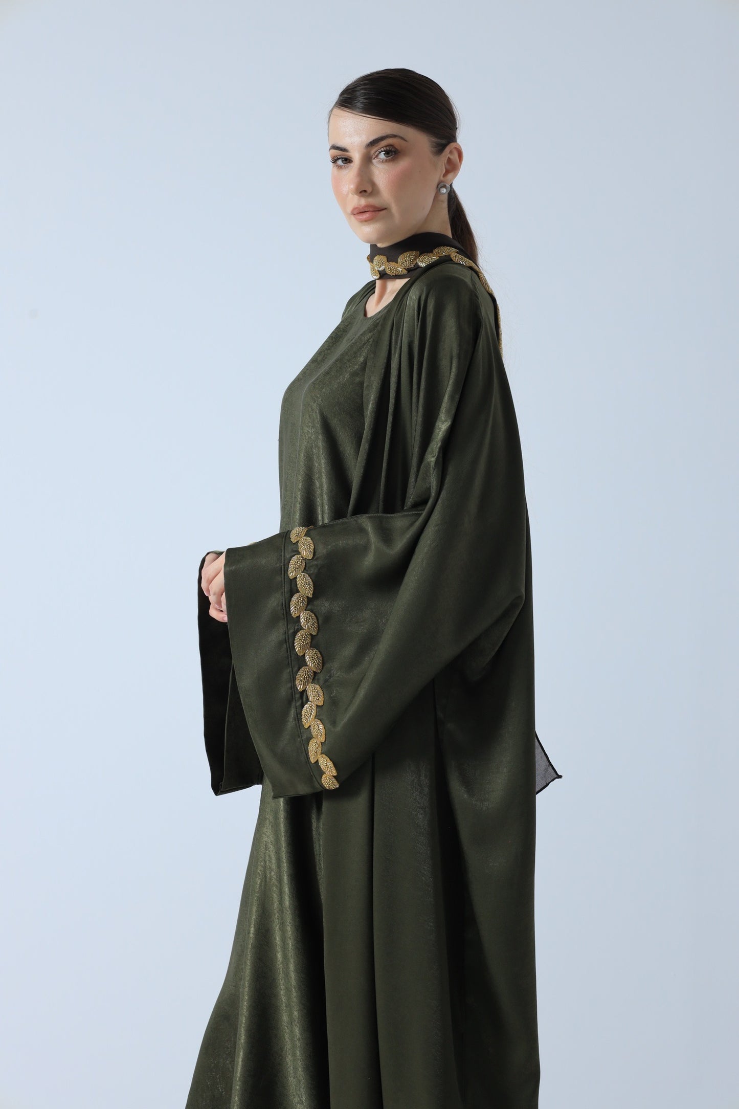 WASHED SILK ABAYA GOLDEN OLIVE